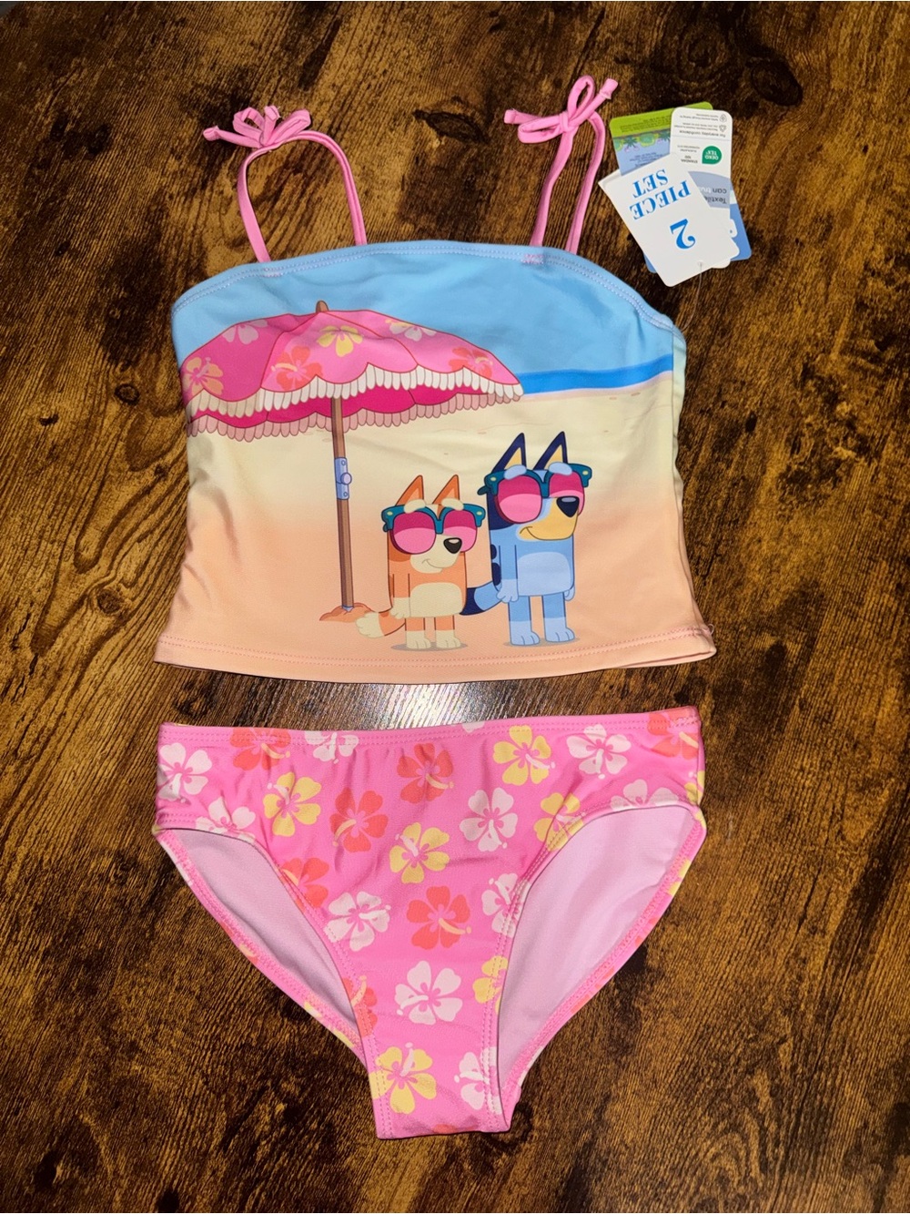 Girls Pink Floral Two-Piece Swim Set with Bluey & bingo